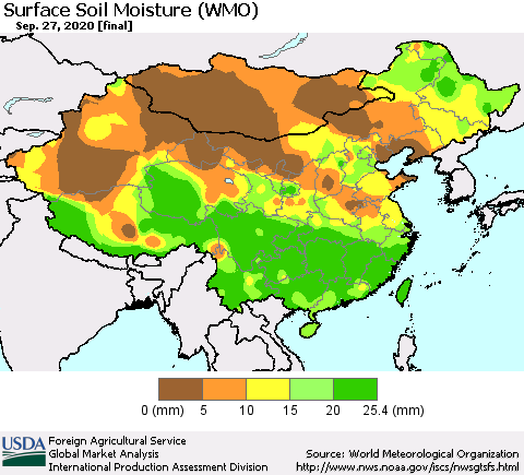 China, Mongolia and Taiwan Surface Soil Moisture (WMO) Thematic Map For 9/21/2020 - 9/27/2020