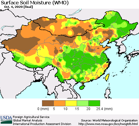 China, Mongolia and Taiwan Surface Soil Moisture (WMO) Thematic Map For 9/28/2020 - 10/4/2020