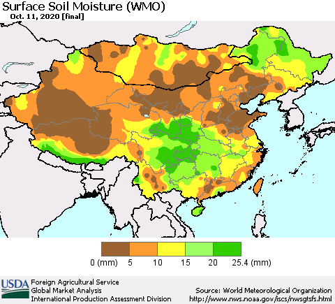 China, Mongolia and Taiwan Surface Soil Moisture (WMO) Thematic Map For 10/5/2020 - 10/11/2020