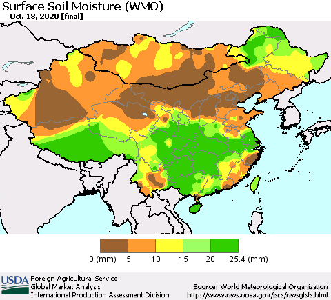 China, Mongolia and Taiwan Surface Soil Moisture (WMO) Thematic Map For 10/12/2020 - 10/18/2020