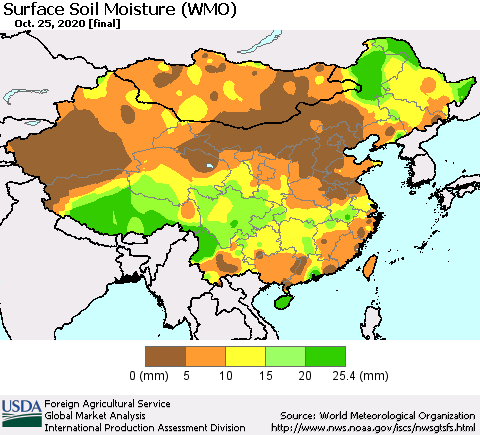 China, Mongolia and Taiwan Surface Soil Moisture (WMO) Thematic Map For 10/19/2020 - 10/25/2020
