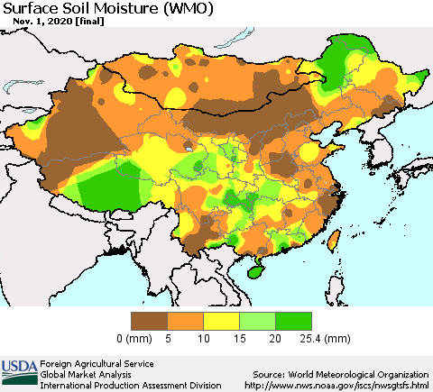 China, Mongolia and Taiwan Surface Soil Moisture (WMO) Thematic Map For 10/26/2020 - 11/1/2020