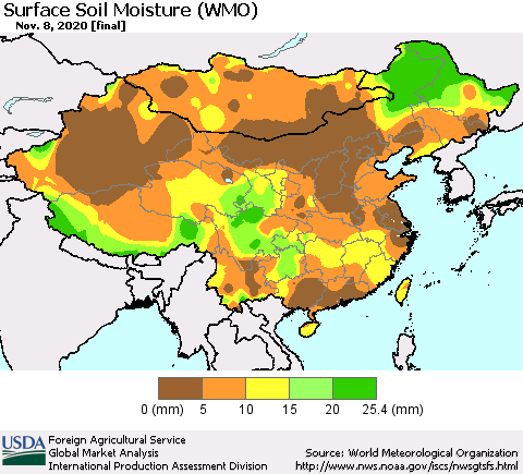 China, Mongolia and Taiwan Surface Soil Moisture (WMO) Thematic Map For 11/2/2020 - 11/8/2020