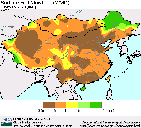 China, Mongolia and Taiwan Surface Soil Moisture (WMO) Thematic Map For 11/9/2020 - 11/15/2020