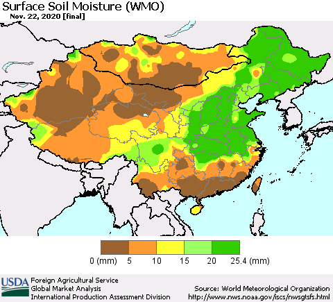 China, Mongolia and Taiwan Surface Soil Moisture (WMO) Thematic Map For 11/16/2020 - 11/22/2020