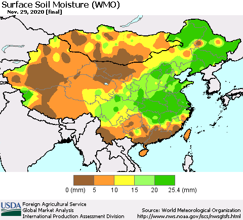 China, Mongolia and Taiwan Surface Soil Moisture (WMO) Thematic Map For 11/23/2020 - 11/29/2020