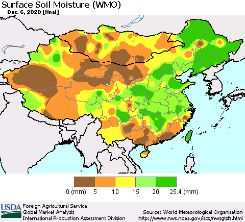 China, Mongolia and Taiwan Surface Soil Moisture (WMO) Thematic Map For 11/30/2020 - 12/6/2020