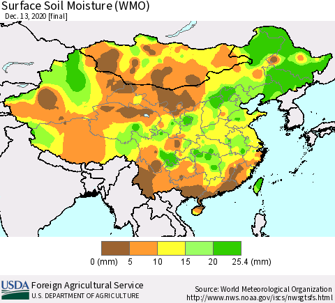 China, Mongolia and Taiwan Surface Soil Moisture (WMO) Thematic Map For 12/7/2020 - 12/13/2020