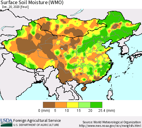 China, Mongolia and Taiwan Surface Soil Moisture (WMO) Thematic Map For 12/14/2020 - 12/20/2020