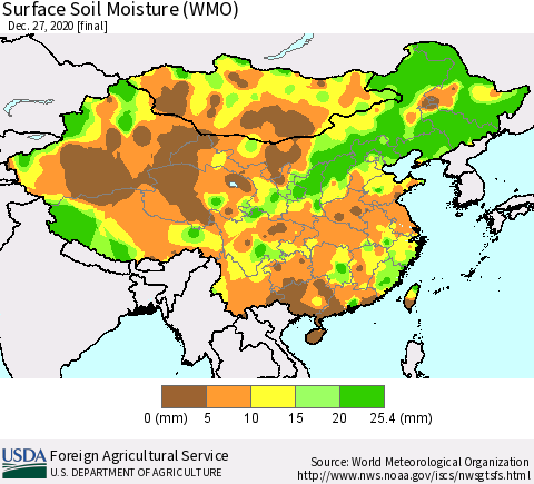 China, Mongolia and Taiwan Surface Soil Moisture (WMO) Thematic Map For 12/21/2020 - 12/27/2020