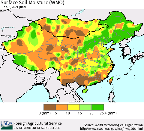 China, Mongolia and Taiwan Surface Soil Moisture (WMO) Thematic Map For 12/28/2020 - 1/3/2021