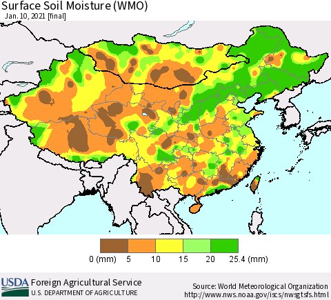 China, Mongolia and Taiwan Surface Soil Moisture (WMO) Thematic Map For 1/4/2021 - 1/10/2021