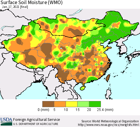 China, Mongolia and Taiwan Surface Soil Moisture (WMO) Thematic Map For 1/11/2021 - 1/17/2021