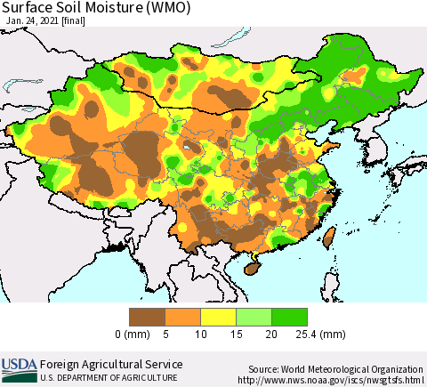 China, Mongolia and Taiwan Surface Soil Moisture (WMO) Thematic Map For 1/18/2021 - 1/24/2021