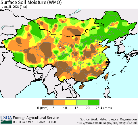 China, Mongolia and Taiwan Surface Soil Moisture (WMO) Thematic Map For 1/25/2021 - 1/31/2021