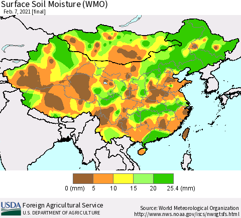 China, Mongolia and Taiwan Surface Soil Moisture (WMO) Thematic Map For 2/1/2021 - 2/7/2021