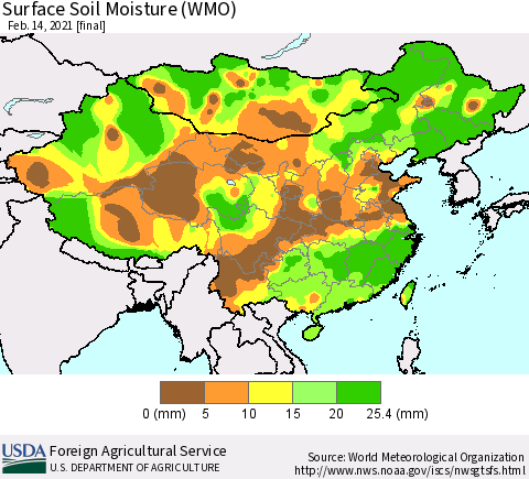 China, Mongolia and Taiwan Surface Soil Moisture (WMO) Thematic Map For 2/8/2021 - 2/14/2021