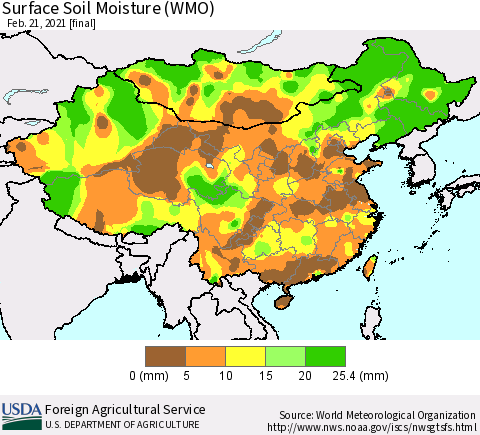 China, Mongolia and Taiwan Surface Soil Moisture (WMO) Thematic Map For 2/15/2021 - 2/21/2021
