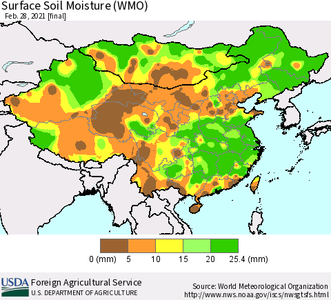 China, Mongolia and Taiwan Surface Soil Moisture (WMO) Thematic Map For 2/22/2021 - 2/28/2021