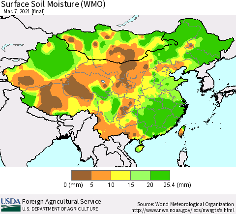 China, Mongolia and Taiwan Surface Soil Moisture (WMO) Thematic Map For 3/1/2021 - 3/7/2021