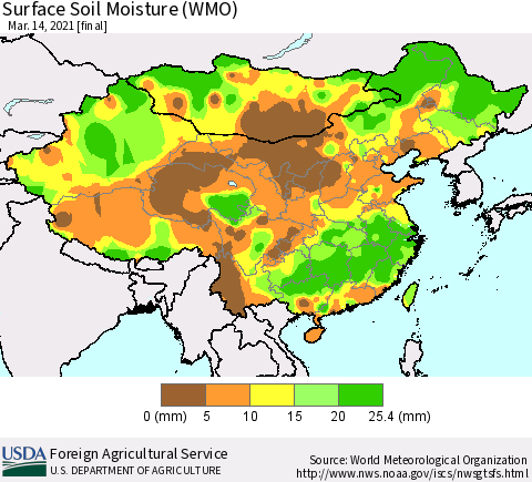China, Mongolia and Taiwan Surface Soil Moisture (WMO) Thematic Map For 3/8/2021 - 3/14/2021