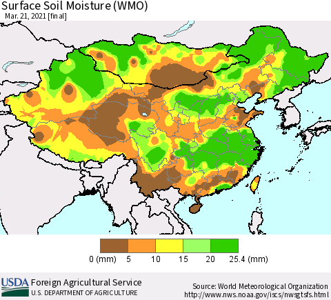 China, Mongolia and Taiwan Surface Soil Moisture (WMO) Thematic Map For 3/15/2021 - 3/21/2021