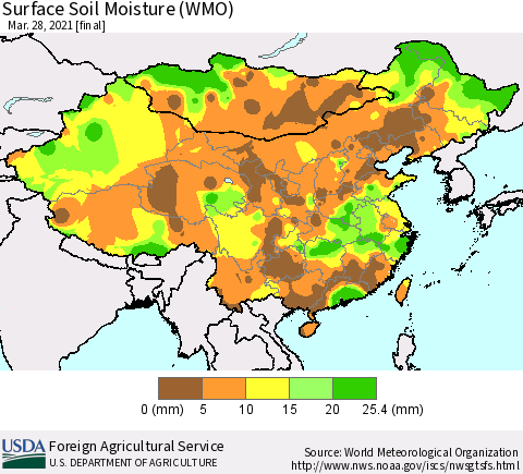 China, Mongolia and Taiwan Surface Soil Moisture (WMO) Thematic Map For 3/22/2021 - 3/28/2021