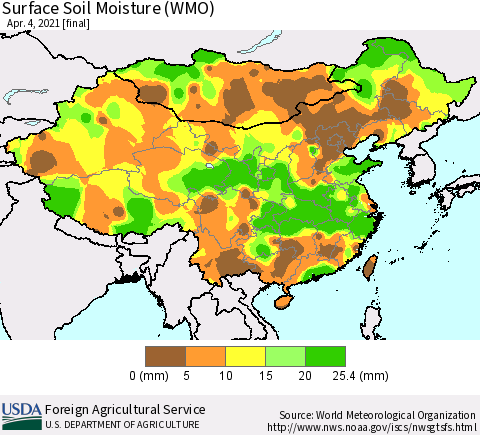 China, Mongolia and Taiwan Surface Soil Moisture (WMO) Thematic Map For 3/29/2021 - 4/4/2021