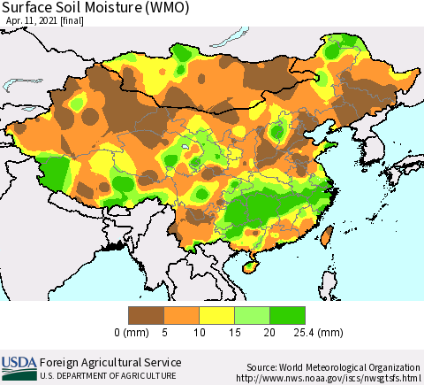 China, Mongolia and Taiwan Surface Soil Moisture (WMO) Thematic Map For 4/5/2021 - 4/11/2021