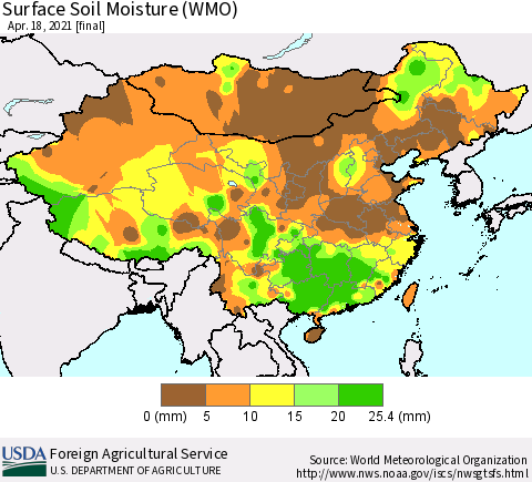 China, Mongolia and Taiwan Surface Soil Moisture (WMO) Thematic Map For 4/12/2021 - 4/18/2021