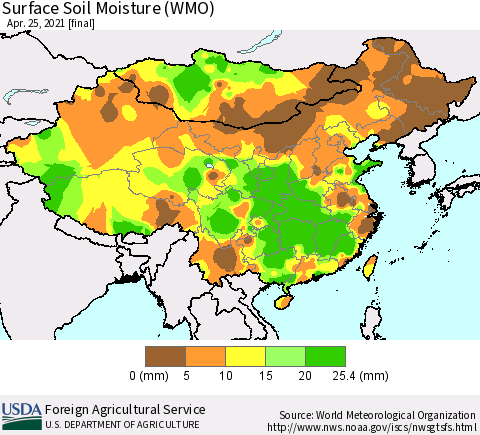 China, Mongolia and Taiwan Surface Soil Moisture (WMO) Thematic Map For 4/19/2021 - 4/25/2021