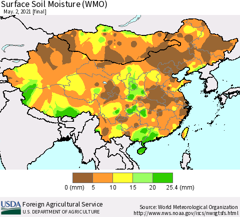 China, Mongolia and Taiwan Surface Soil Moisture (WMO) Thematic Map For 4/26/2021 - 5/2/2021
