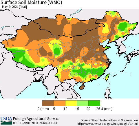 China, Mongolia and Taiwan Surface Soil Moisture (WMO) Thematic Map For 5/3/2021 - 5/9/2021