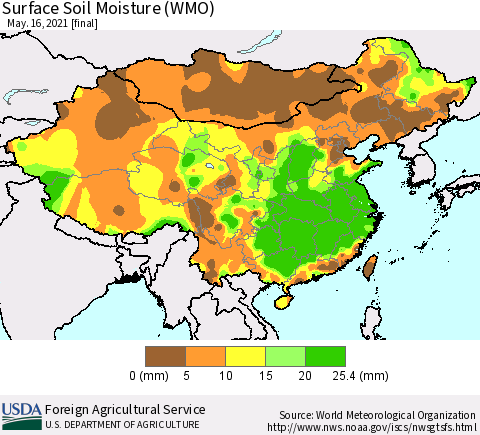 China, Mongolia and Taiwan Surface Soil Moisture (WMO) Thematic Map For 5/10/2021 - 5/16/2021