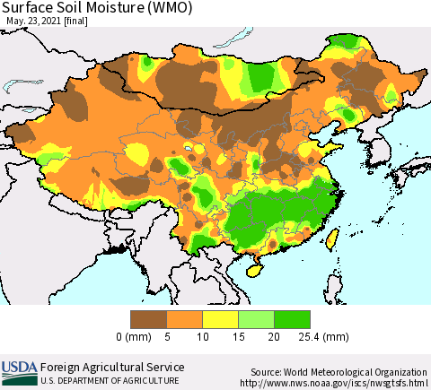 China, Mongolia and Taiwan Surface Soil Moisture (WMO) Thematic Map For 5/17/2021 - 5/23/2021