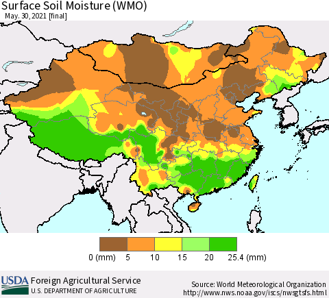 China, Mongolia and Taiwan Surface Soil Moisture (WMO) Thematic Map For 5/24/2021 - 5/30/2021