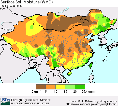 China, Mongolia and Taiwan Surface Soil Moisture (WMO) Thematic Map For 5/31/2021 - 6/6/2021