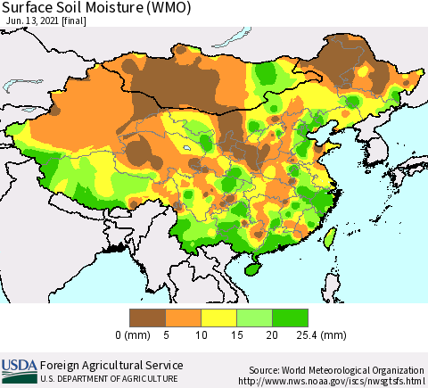 China, Mongolia and Taiwan Surface Soil Moisture (WMO) Thematic Map For 6/7/2021 - 6/13/2021