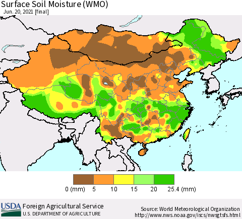 China, Mongolia and Taiwan Surface Soil Moisture (WMO) Thematic Map For 6/14/2021 - 6/20/2021