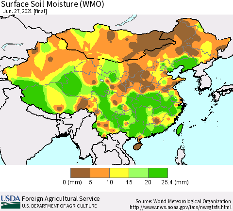 China, Mongolia and Taiwan Surface Soil Moisture (WMO) Thematic Map For 6/21/2021 - 6/27/2021