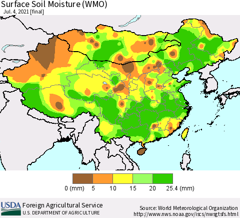 China, Mongolia and Taiwan Surface Soil Moisture (WMO) Thematic Map For 6/28/2021 - 7/4/2021
