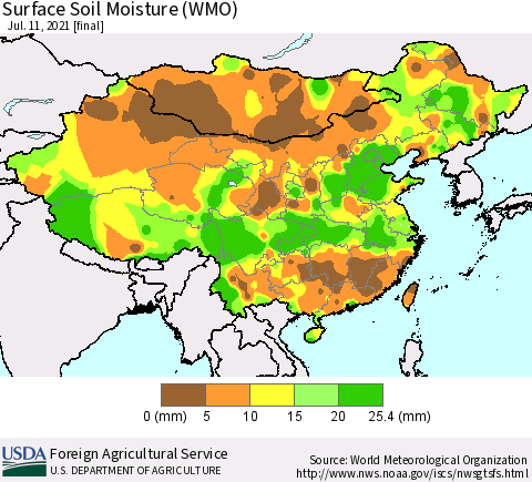 China, Mongolia and Taiwan Surface Soil Moisture (WMO) Thematic Map For 7/5/2021 - 7/11/2021