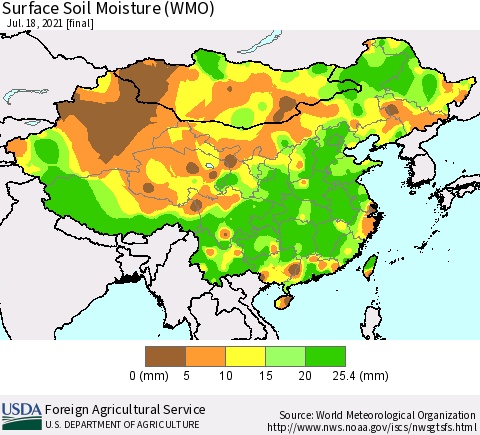 China, Mongolia and Taiwan Surface Soil Moisture (WMO) Thematic Map For 7/12/2021 - 7/18/2021