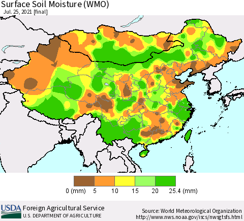 China, Mongolia and Taiwan Surface Soil Moisture (WMO) Thematic Map For 7/19/2021 - 7/25/2021
