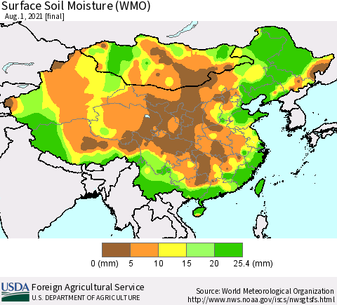 China, Mongolia and Taiwan Surface Soil Moisture (WMO) Thematic Map For 7/26/2021 - 8/1/2021