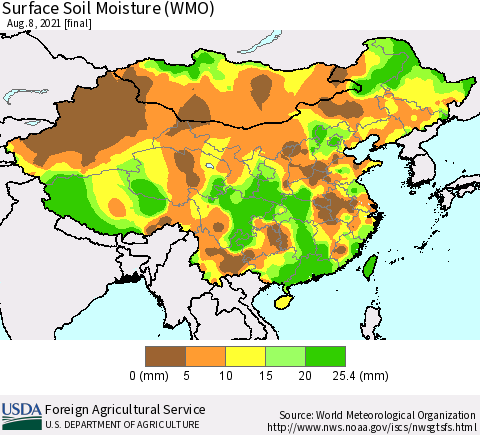 China, Mongolia and Taiwan Surface Soil Moisture (WMO) Thematic Map For 8/2/2021 - 8/8/2021