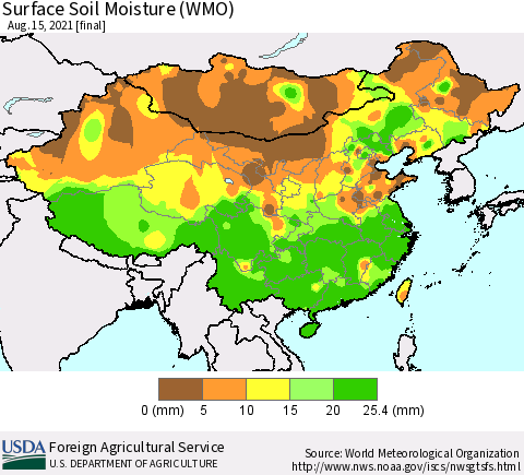 China, Mongolia and Taiwan Surface Soil Moisture (WMO) Thematic Map For 8/9/2021 - 8/15/2021