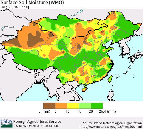 China, Mongolia and Taiwan Surface Soil Moisture (WMO) Thematic Map For 8/16/2021 - 8/22/2021