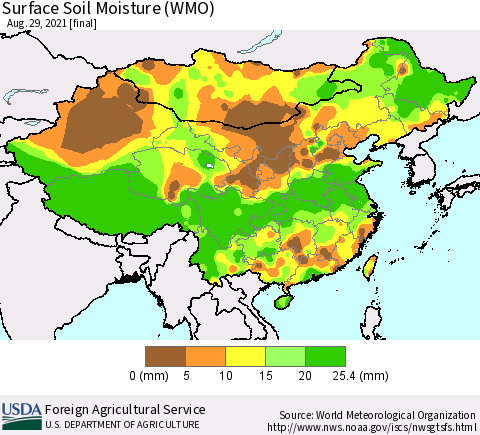 China, Mongolia and Taiwan Surface Soil Moisture (WMO) Thematic Map For 8/23/2021 - 8/29/2021