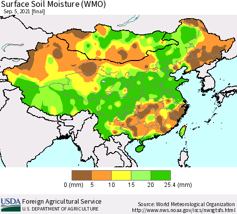 China, Mongolia and Taiwan Surface Soil Moisture (WMO) Thematic Map For 8/30/2021 - 9/5/2021